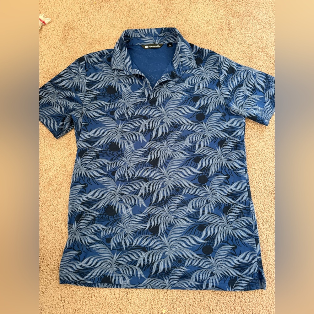Travis Mathew Pima Cotton Polo Shirt Mens Large Blue Black Palm Print Hawaiian